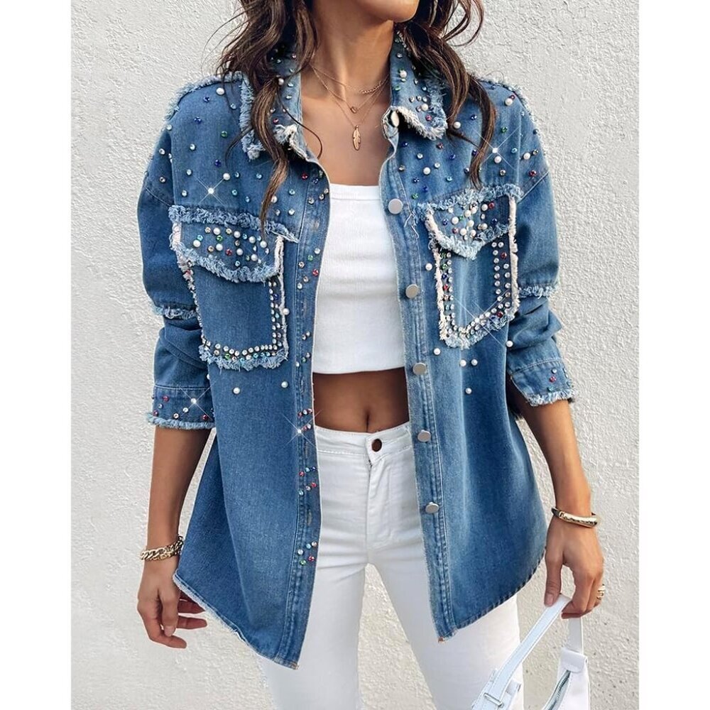 Women's Oversized Denim Jacket with Sequin Pockets Casual Outerwear - Picture 5 of 6